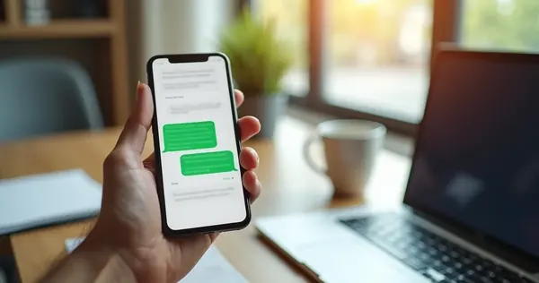 Pessoa segurando smartphone com conversa ativa no WhatsApp em ambiente de trabalho moderno