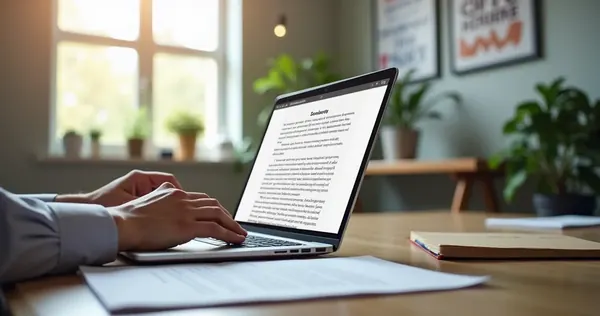 Profissional escrevendo textos de copywriting em laptop com anotações manuscritas e script pronto ao lado