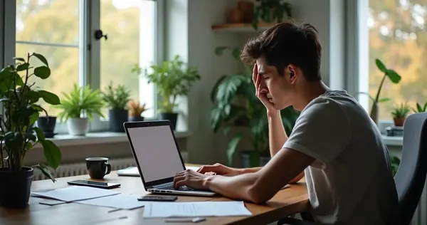 Pessoa sentada em escritório doméstico com expressão frustrada diante do computador, ambiente de trabalho com papéis espalhados e luz natural