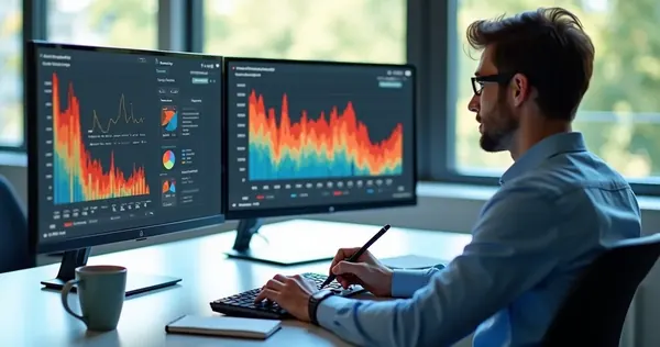 Pessoa analisando gráfico de leads quentes em tela de computador moderno