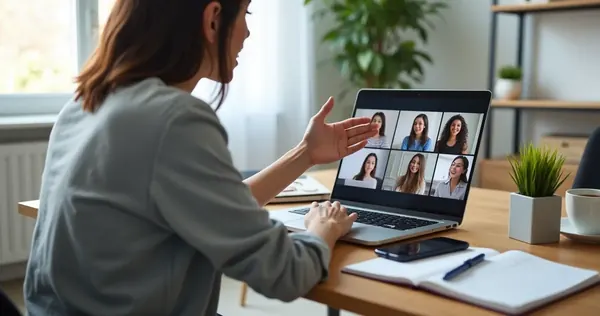 Mulher conduzindo reunião remota de vendas pelo notebook em home office organizado