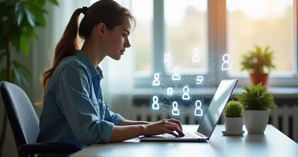 Pessoa trabalhando em home office com laptop e conexão digital ilustrada com ícones de clientes e comunicação