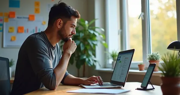 Pessoa em frente ao computador com expressão concentrada, lidando com rejeição em vendas online, ambiente de trabalho digital com notas adesivas e gráficos na parede