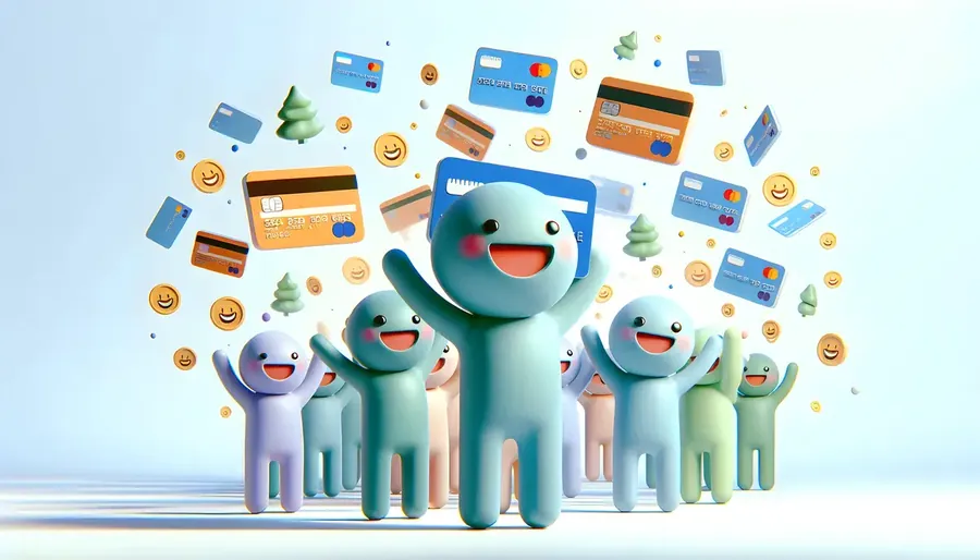 3D Flat Icon People with Floating Credit Cards and Happy Faces Concept