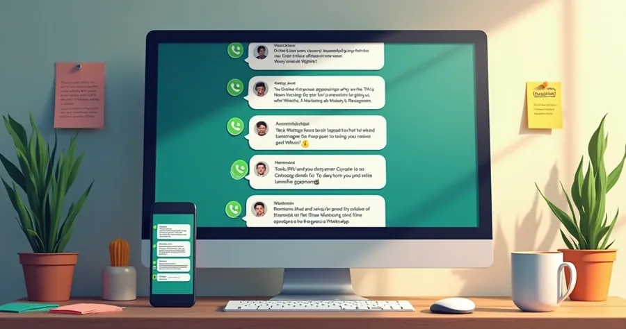 Tela de computador mostrando sequência automatizada de mensagens no WhatsApp 