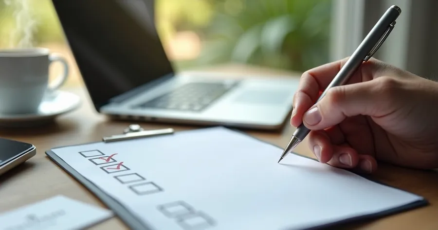 Checklist impresso ao lado de notebook e xícara de café 