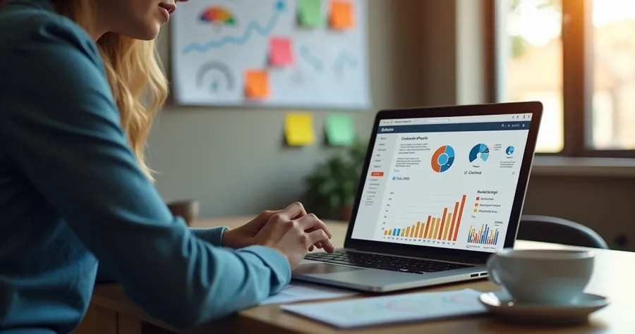 Profissional usando notebook estudando perfis de clientes digitais 