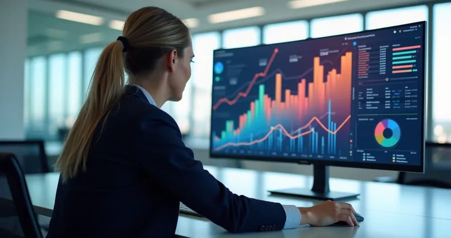 Pessoa analisando dados em gráficos digitais coloridos em tela grande 