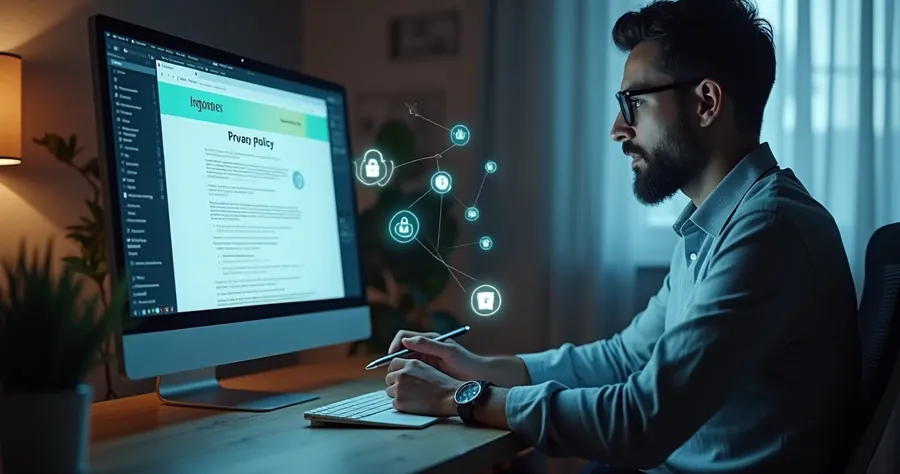 Profissional de vendas digital analisando política de privacidade em tela 