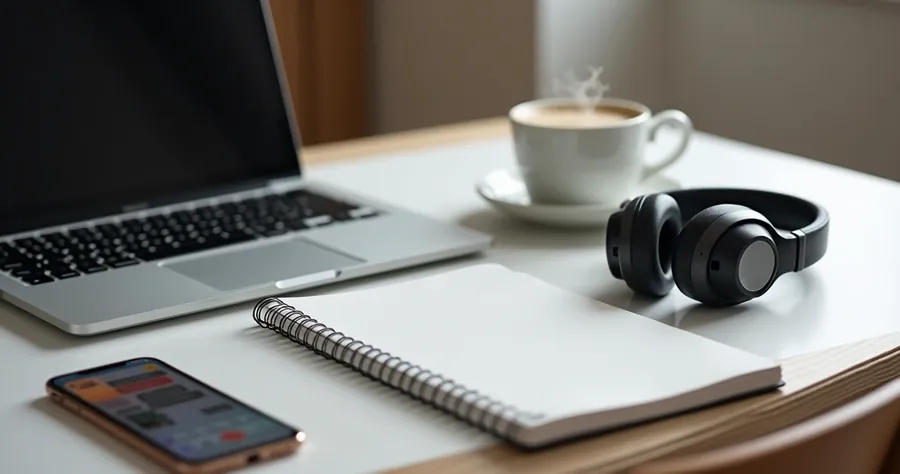 Desk organizado com notebook, caderno, fone de ouvido e xícara, fundo neutro 