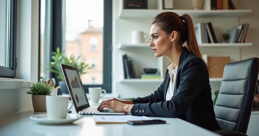 Profissional de vendas analisando relatórios em notebook em ambiente de home office 