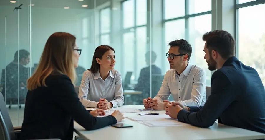 Profissional de vendas conversando com clientes em ambiente moderno 