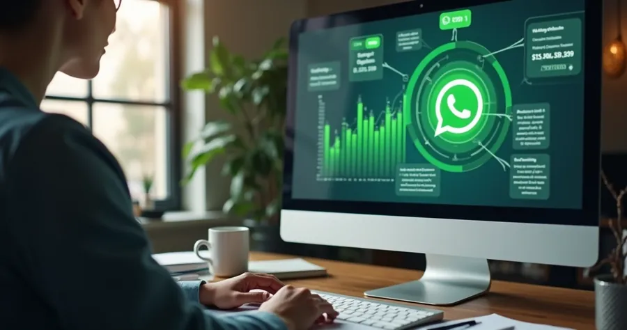 Pessoa conversando por WhatsApp no computador enquanto analisa gráficos de vendas 