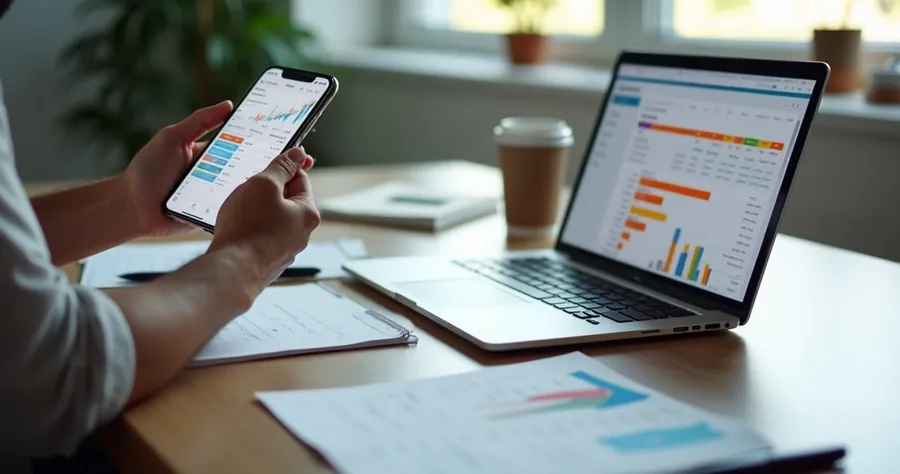 Pessoa segurando celular com tela de app financeiro, ao lado de planilha aberta na mesa 