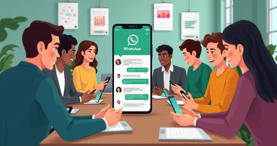 Pessoas interagindo em um grupo de WhatsApp em ambiente de trabalho 