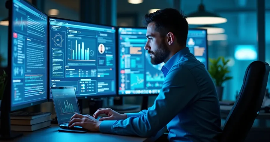 Profissional com gráficos digitais e inteligência artificial ao fundo 