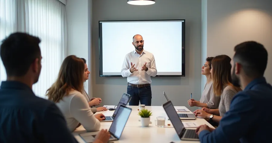 Treinamento de vendas digital com pessoas reunidas e Lucas Feffer explicando em quadro branco 