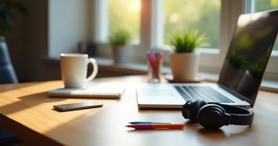 Mesa de home office organizada com computador, café e bloco de notas 