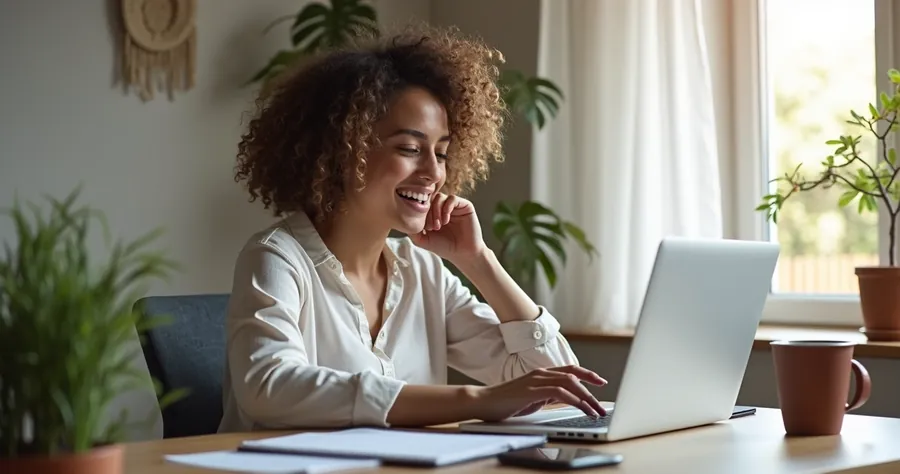 Mulher usando notebook em trabalho remoto no home office 