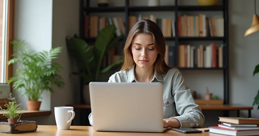 Mulher em home office com notebook e caderno, concentrada em tarefas de vendas 