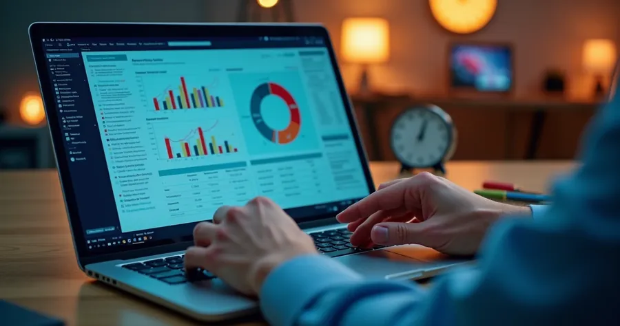 Pessoa analisando proposta digital em notebook com gráficos coloridos na tela 