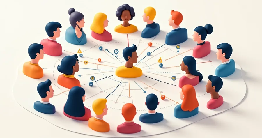 Gráfico colorido com personas digitais diferentes em círculo central 