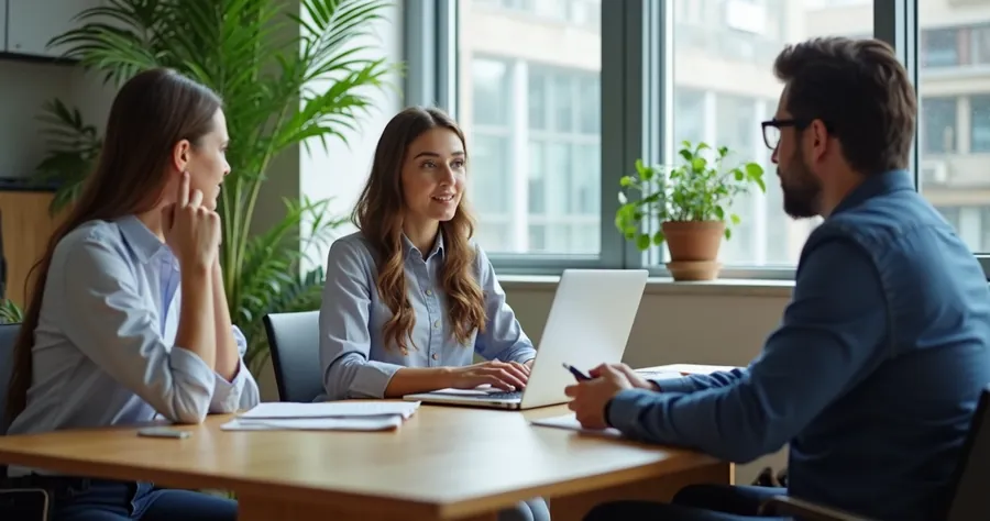 Profissionais de vendas conversando durante reunião consultiva 