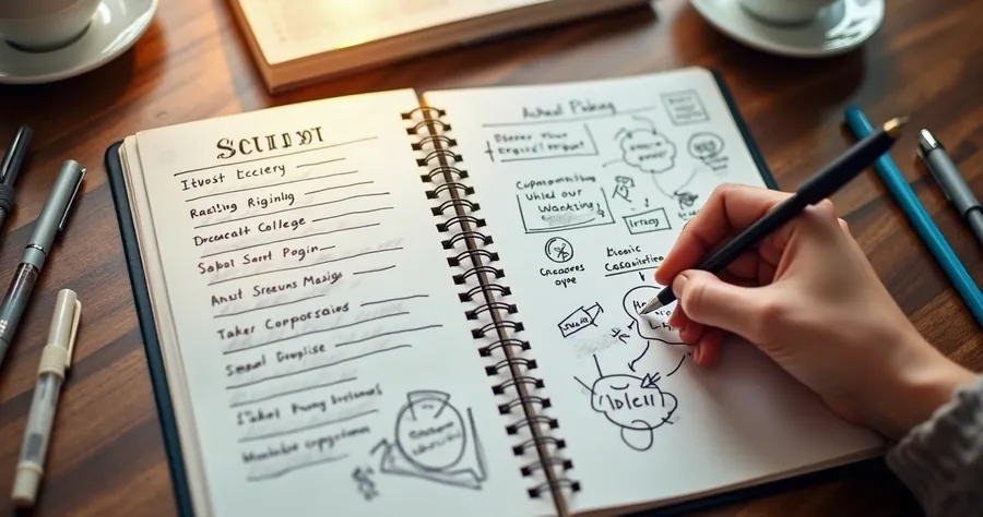 Mão anotando roteiro de vendas e ideias de copywriting 