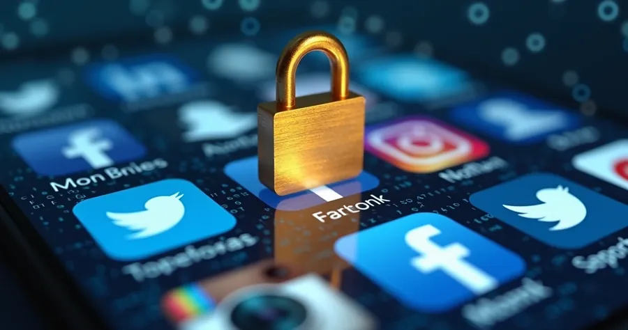 Ilustração de login seguro em redes sociais com ícones e cadeado 
