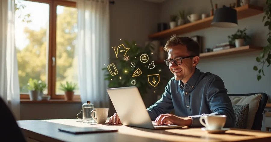 Pessoa comemorando conquista profissional em casa com laptop aberto 