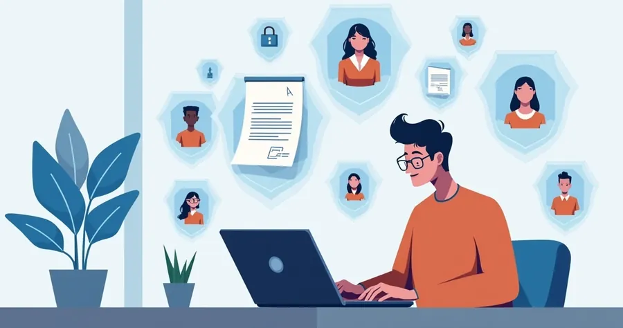 Pessoa enviando contrato digital por laptop e elementos de proteção de dados ao redor 