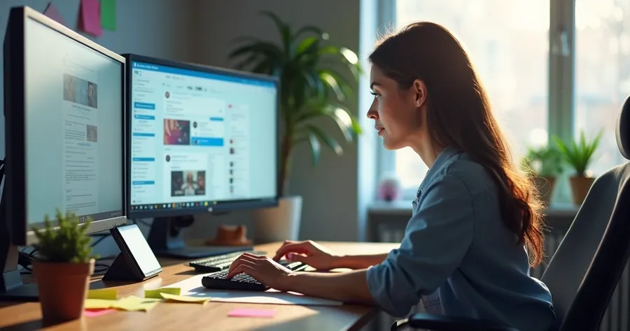 Profissional de vendas digital digitando mensagem em notebook com várias telas de redes sociais ao fundo 