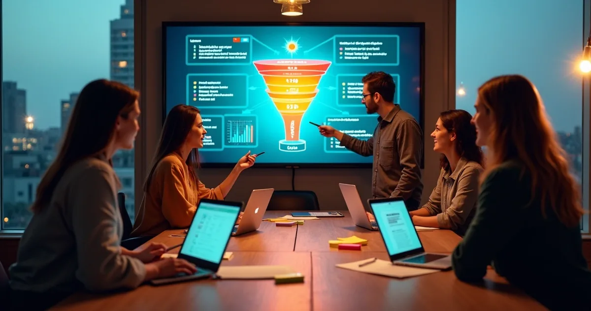 Equipe diversa de profissionais digitais analisando funil de vendas em uma tela gigante