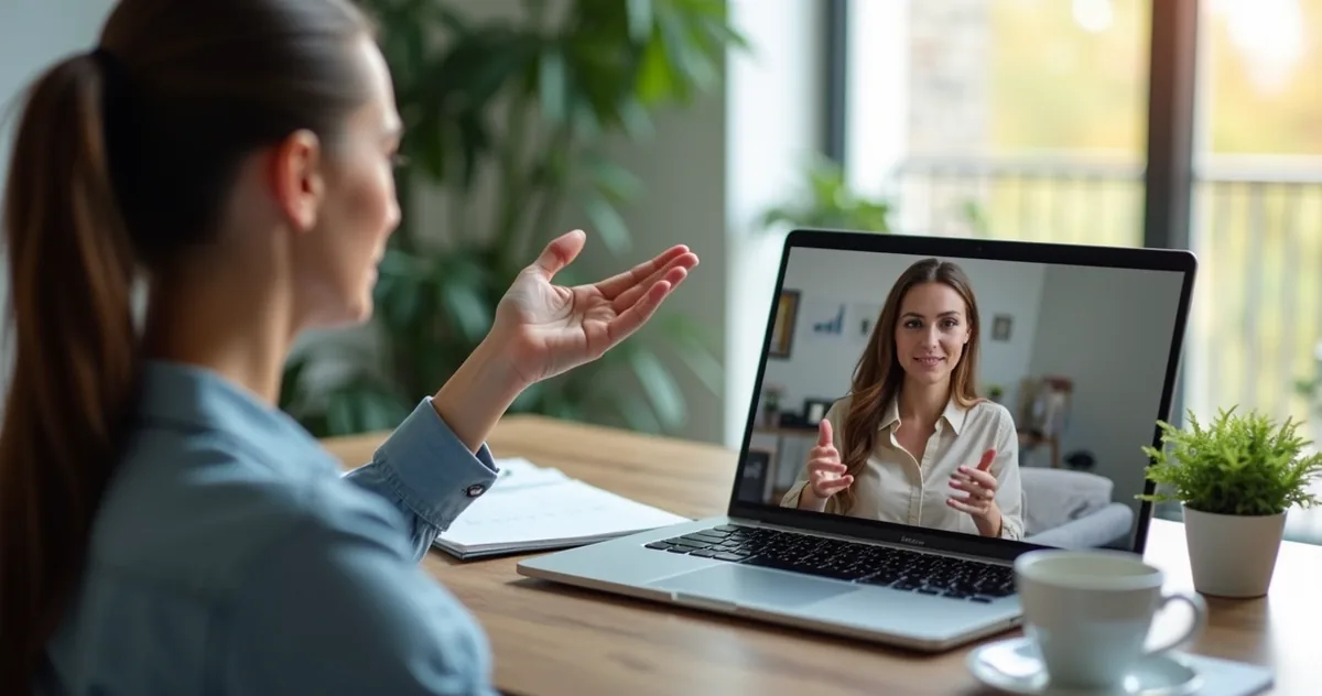 Profissional usando storytelling durante reunião online para venda consultiva